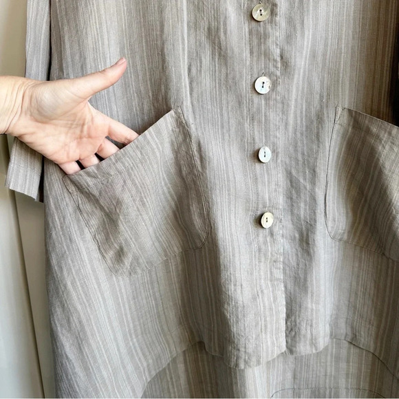 Chalet Linen Button Front Tunic Top Asymmetrical Lagenlook Size Medium Olive - Picture 3 of 9